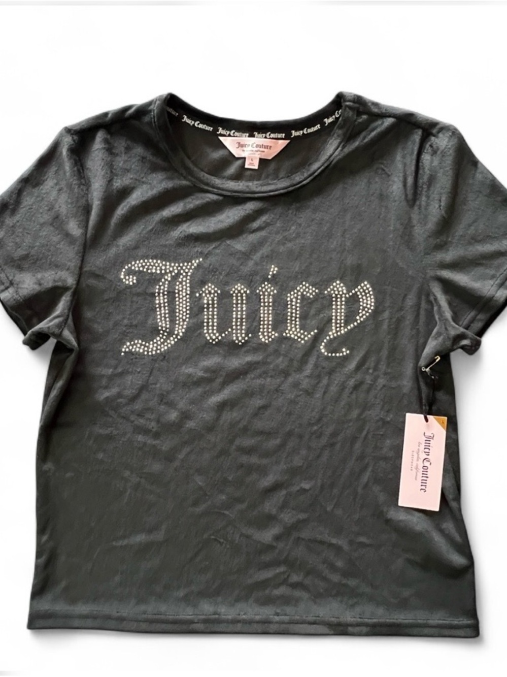 Juicy Couture Rhinestone Sleepwear Logo Crop Tee Y2K Baby Tee Black Size L NWT